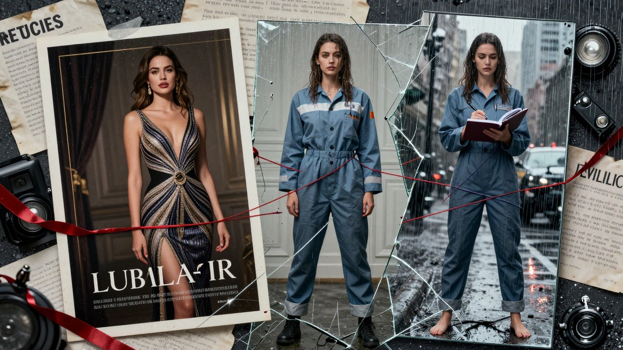 A fractured mirror shows three faces of a woman: luxury fantasy, incarceration, and resilience through writing.