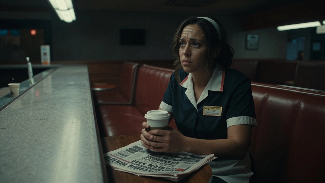 A sex worker sits alone in a late-night diner, exhausted, coffee in hand, newspaper headline about arrests nearby.