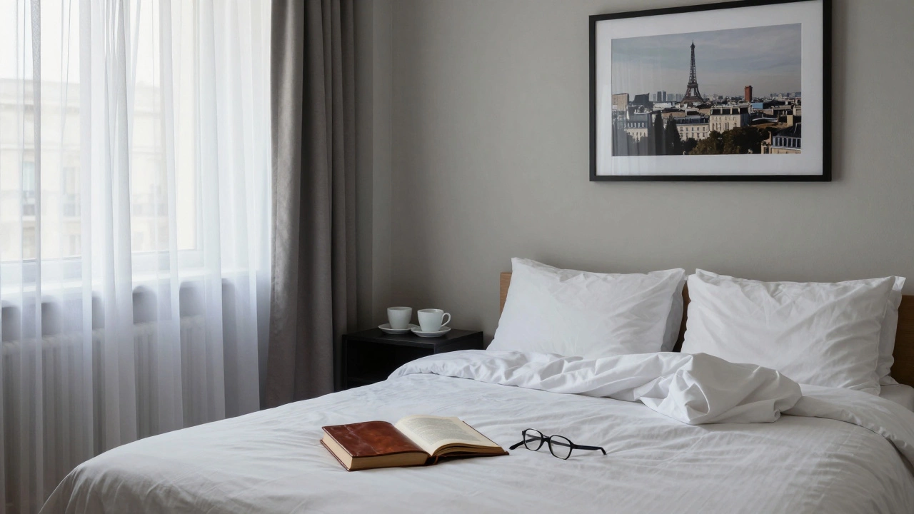 An empty hotel room with morning light, open book and coffee cups suggesting a quiet moment.
